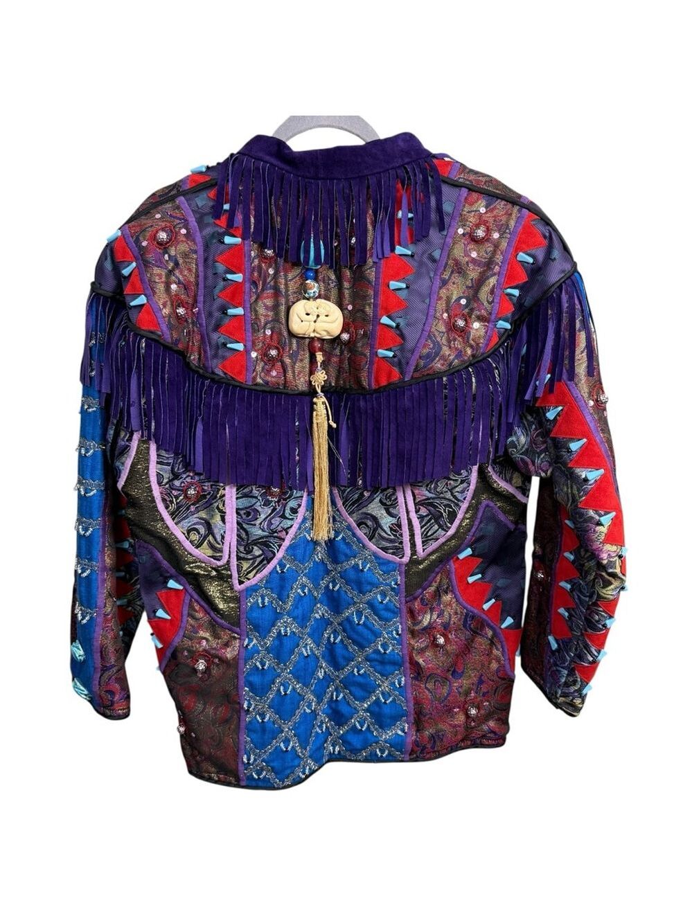 Vintage Judith‎ Roberts Mexico Patchwork Fringe Jacket Beaded Western L/XL